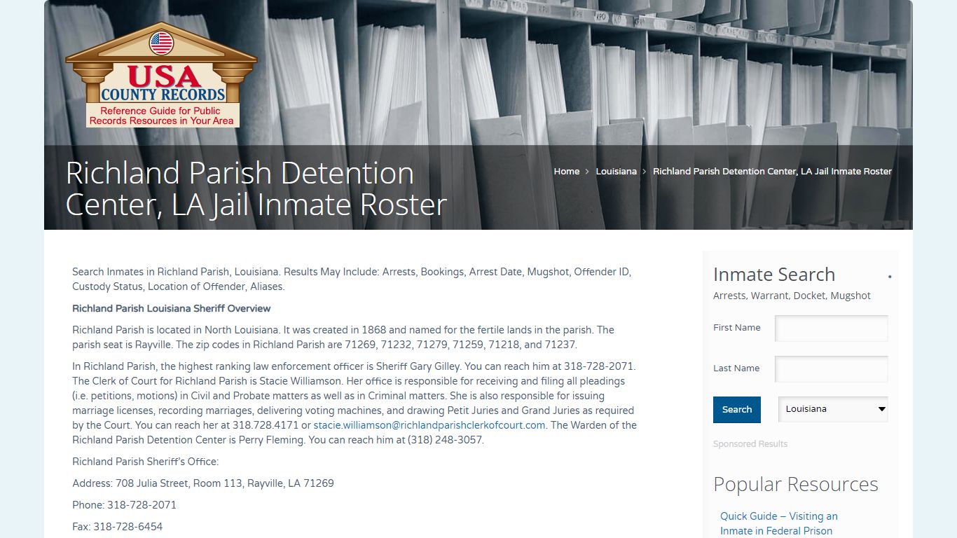 Richland Parish Detention Center, LA Jail Inmate Roster