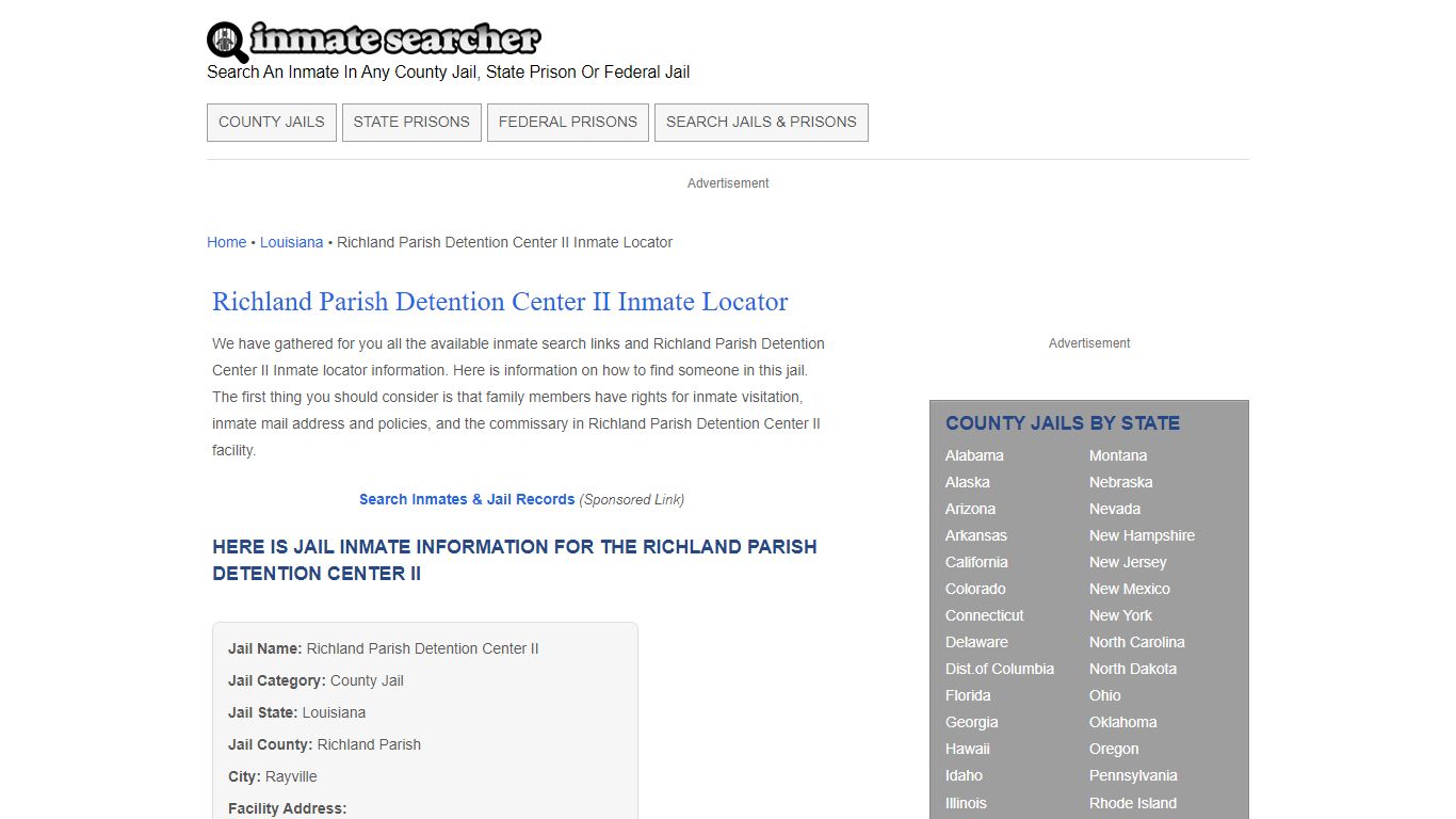 Richland Parish Detention Center II Inmate Locator - Inmate Searcher
